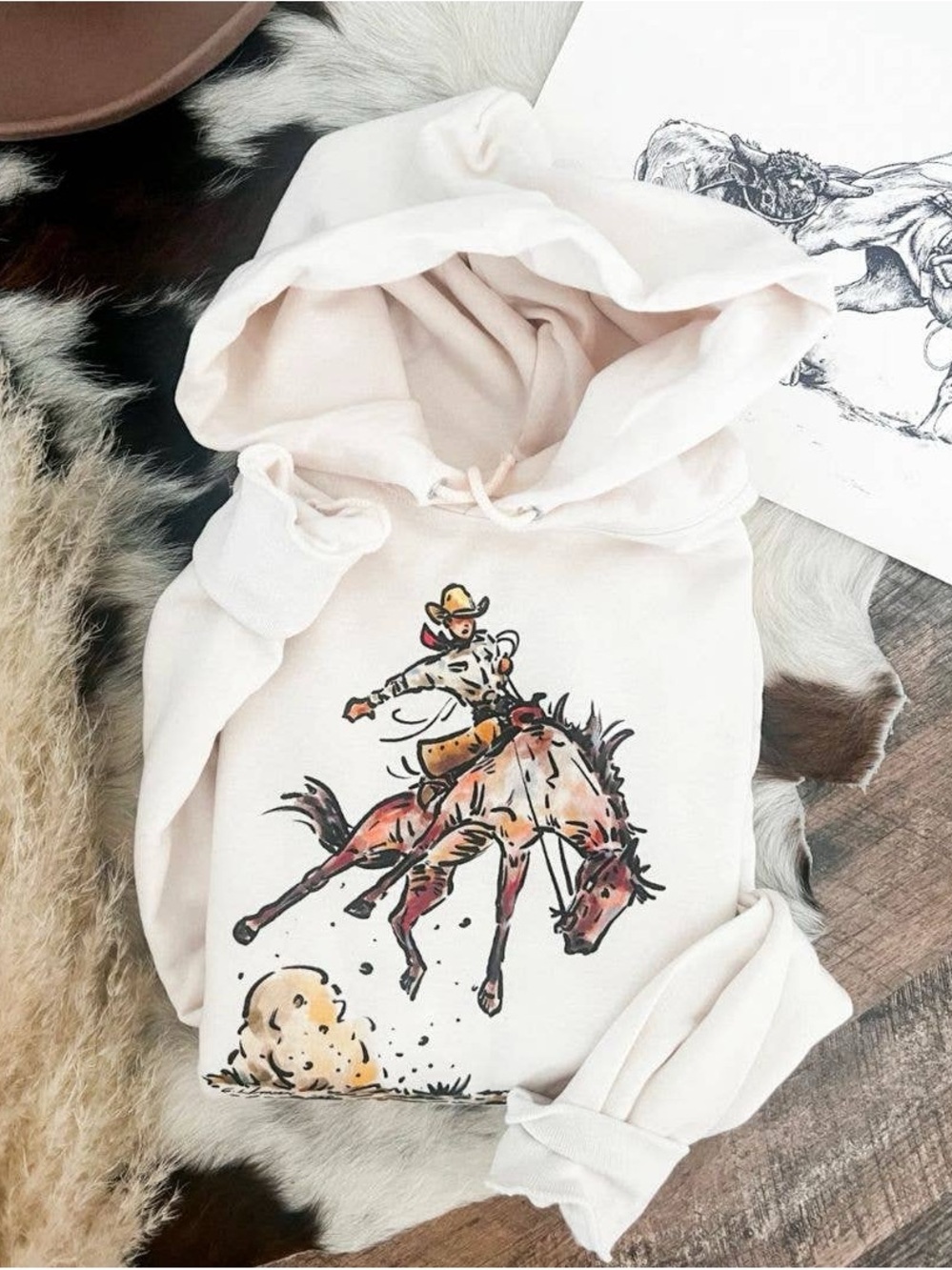 Unisex Cowboy Rodeo Graphic Hoodie - Cream